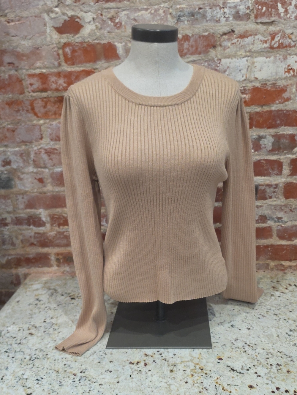 Francesca's Collections Ribbed Crewneck Long Sleeve Top - Beige
